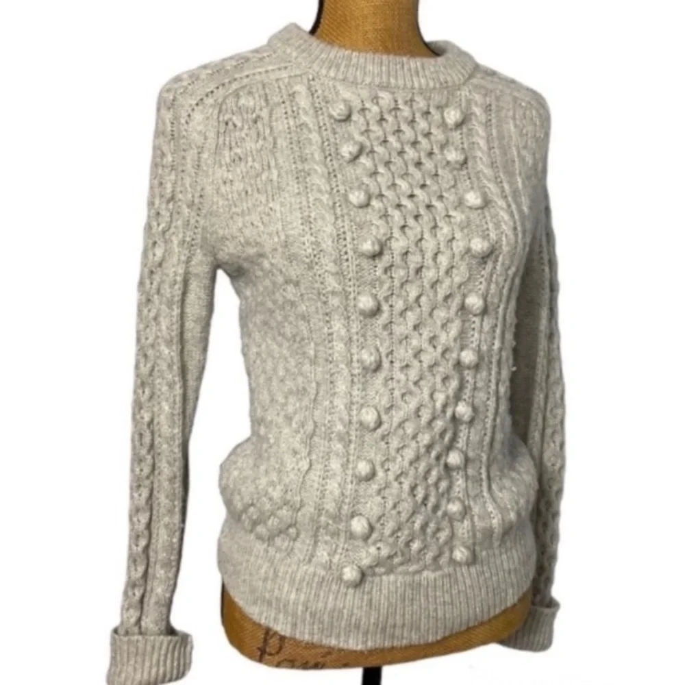 J. CREW Gray Wool Blend Popcorn Chunky Casual Cable Knit Fisherman Sweater XS